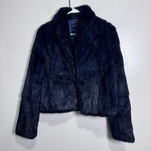 Express Rabbit Fur Jacket Womens L Navy Blue Solid Luxury Real Fur Coat